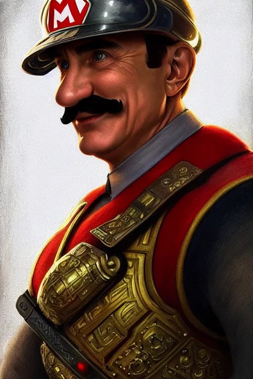 Image similar to vladimir putin as mario from super mario bros, armor plate, realistic portrait, symmetrical, highly detailed, digital painting, artstation, concept art, smooth, sharp focus, illustration, cinematic lighting, art by artgerm and greg rutkowski and alphonse mucha