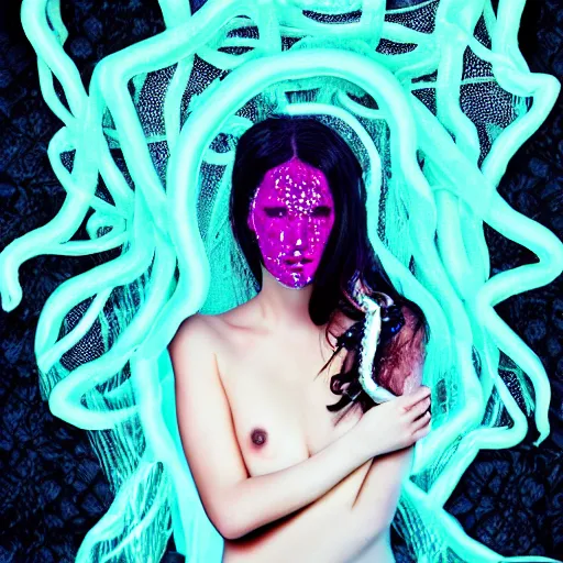 Image similar to Cthlulu lovecraftian eldritch glamour shot, lace veil, high fashion modeling, glossy magazine photoshoot, tentacles, glow galaxy background,