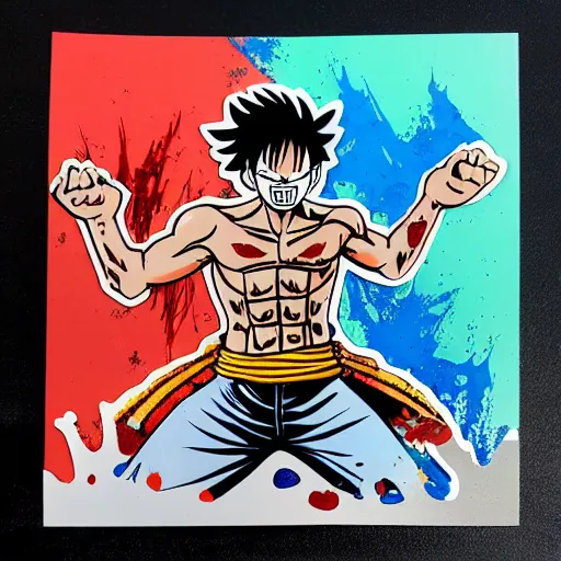 Image similar to die cut sticker, luffy gear 4, splatter paint on paper