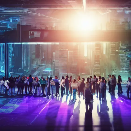 Prompt: large group people in a huge warehouse, looking at hologram of futuristic city on a table | cinematic concept art | sunlight godrays | 4 k | clear details | tabletop model | tabletop model | hologram foreground