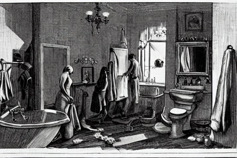 Image similar to bathroom scene from the book named day of the oprichnik, sorokin
