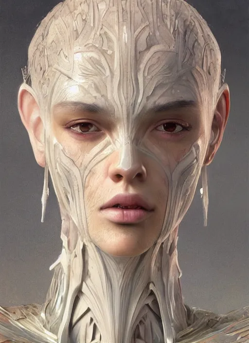 Image similar to a professional painting of a beautiful young female alien, clothed in ethereal armor, olive skin, long dark hair, beautiful bone structure, symmetrical facial features, intricate, elegant, digital painting, concept art, smooth, sharp focus, illustration, from Valerian and the City of a Thousand Planets, by Ruan Jia and Mandy Jurgens and Artgerm and William-Adolphe Bouguerea