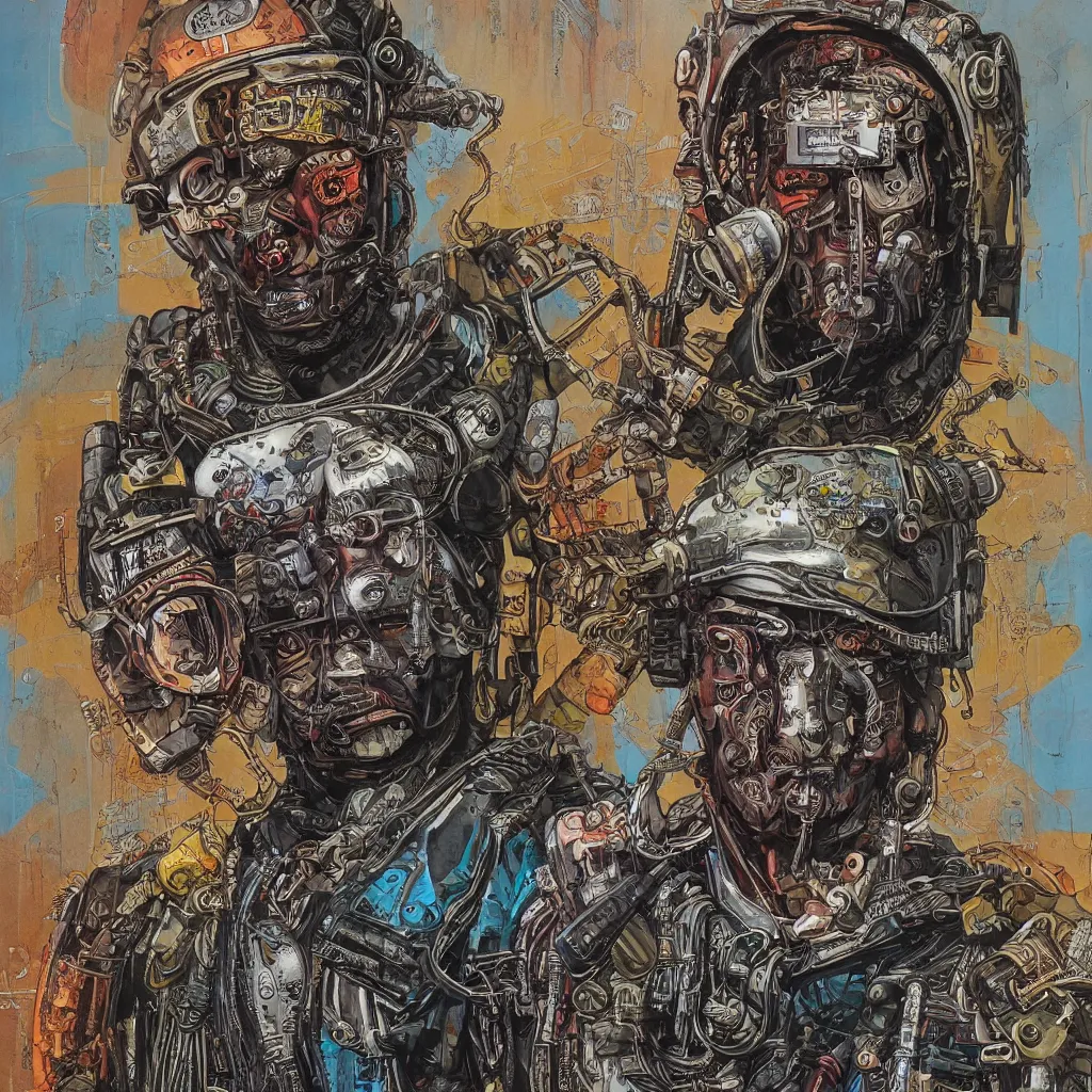 Image similar to A dramatic full-color cyberpunk art nouveau styled bust portrait of philthy animal taylor as a futuristic space punk rebel drum soldier, hyperdetailed mixed media artwork combining the styles of Travis Charest, Michael Whelan, Chris Achilleos and Sam Kieth, wild power, stoicism, pessimism, confident shaded eyes, tarnished and rusted metal, wrought iron architecture, perfectly symmetrical facial features, 8k, deeply hyperdetailed, cinematic lighting, realistic mechanical details, 8k, UHD, HDR