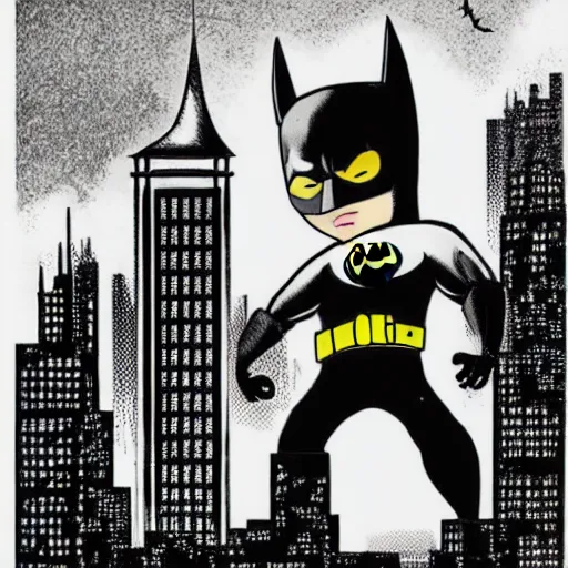 Prompt: A hamster dressed as batman standing on the top of a skyscraper looking, moonlight, comic book style