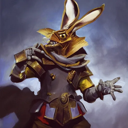 Prompt: greg manchess portrait painting of armored march hare from alice in wonderland as league of legends character splash art, medium shot, asymmetrical, profile picture, organic painting, sunny day, matte painting, bold shapes, hard edges, street art, trending on artstation, by huang guangjian, gil elvgren, ruan jia, randy vargas, greg rutkowski