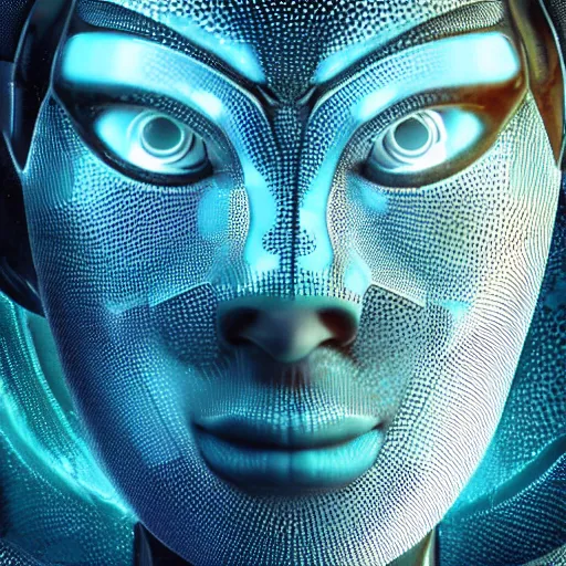 Image similar to an insanely detailed cibernetic artwork of a futuristic artificial intelligence superstar, extremely detailed water texture, centered image, perfectly symmetrical alien face, with frames made of detailed fractals, octane render, 4k, insanely detailed, detailed grid as background, photorealistic digital art, cgi