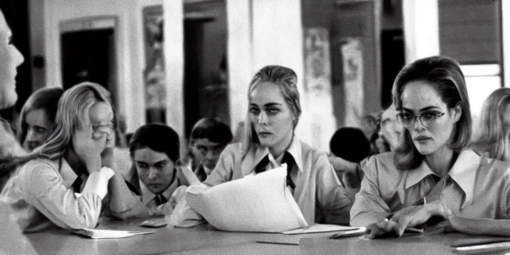 Prompt: screenshot of sharon stone as a substitute teacher at a private school, 1 9 7 0 s psychological thriller by stanely kubrick film, color kodak, anamorphic lenses, detailed faces, moody cinematography