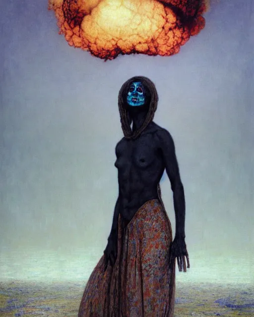 Prompt: A portrait of a woman wearing clothes made out of dying flowers, nuclear explosion in the background, Masterpiece, deep black skin, glowing, wires everywhere, by Edgar Maxence and Ross Tran, Zdzisław Beksiński, and Michael Whelan, distant, gustav dore, H.R. Giger, 8k, octane render