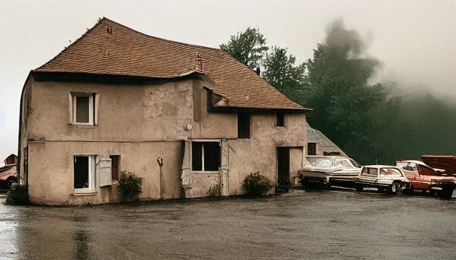 Image similar to 1 9 7 0 s movie still of a heavy burning french style little house in a small northern french village by night, rainy, foggy, cinestill 8 0 0 t 3 5 mm, heavy grain, high quality, high detail, dramatic light, anamorphic, flares