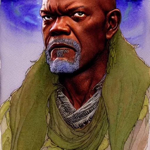 Prompt: a realistic and atmospheric watercolour fantasy character concept art portrait of samuel l. jackson as a druidic warrior wizard looking at the camera with an intelligent gaze by rebecca guay, michael kaluta, charles vess and jean moebius giraud