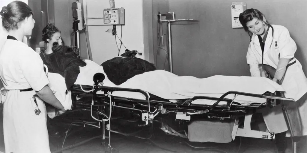 Prompt: photograph of hamster on a hospital bed being attended to by a hamster nurse, black and white photo