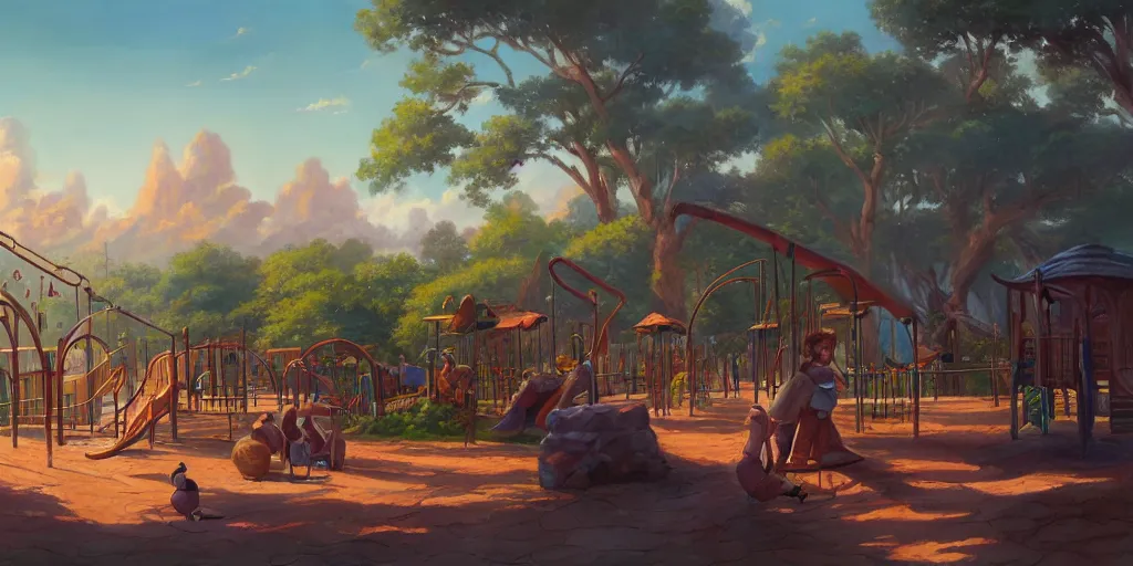 Prompt: a playground, highly detailed oil painting, unreal 5 render, rhads, Bruce Pennington, Studio Ghibli, tim hildebrandt, digital art, octane render, beautiful composition, artstation, award-winning photograph, masterpiece