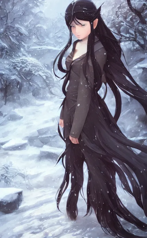 Prompt: an elven girl with long, flowing black hair standing in the snow, facing the camera. By Makoto Shinkai, Stanley Artgerm Lau, WLOP, Rossdraws, James Jean, Andrei Riabovitchev, Marc Simonetti, krenz cushart, Sakimichan, trending on ArtStation, digital art.