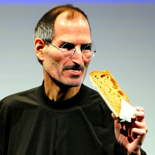 Prompt: steve jobs presenting a slice of bread at the macworld confrence in 2007, press photos