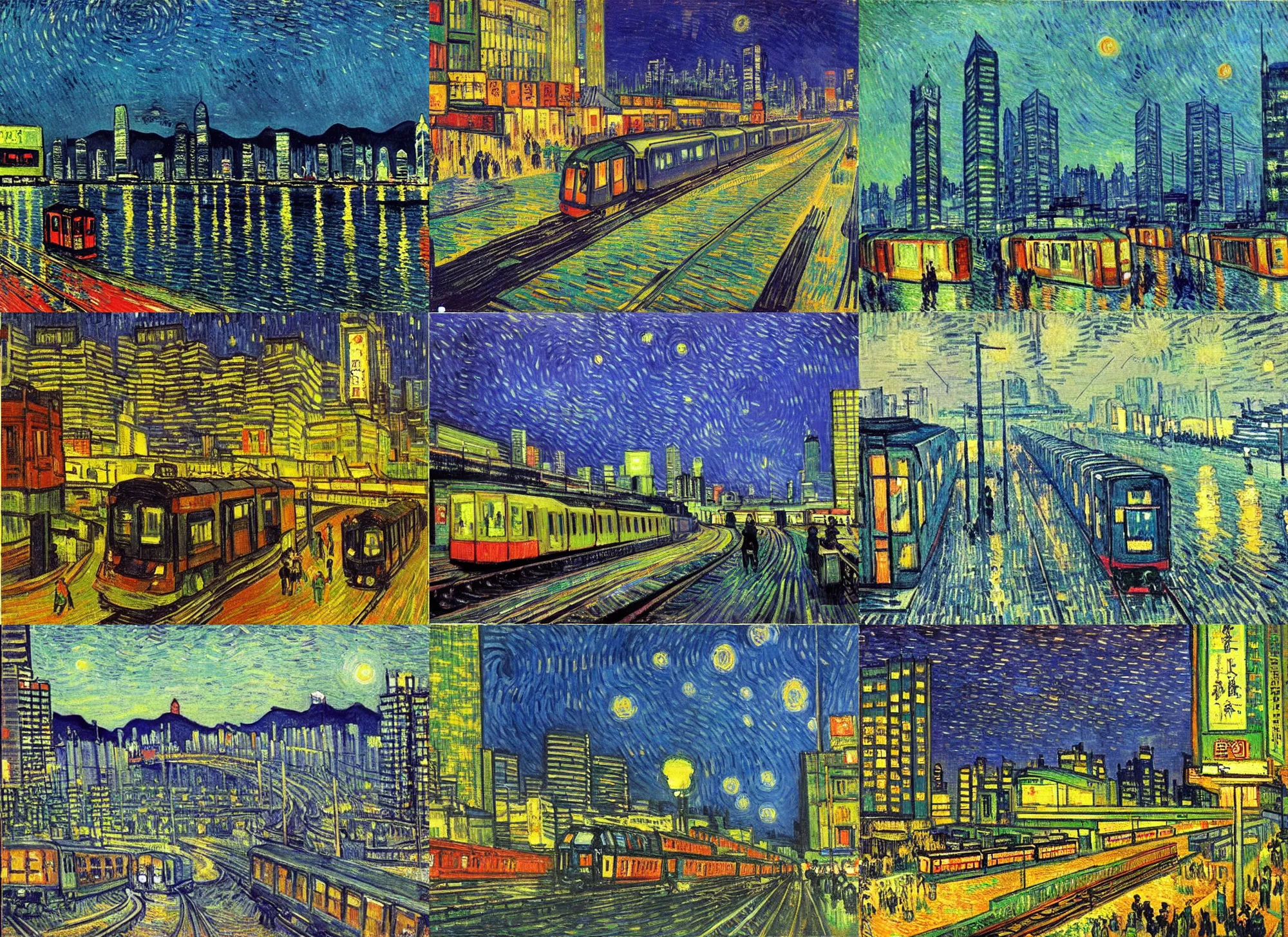 Prompt: the hong kong mass transit railway at night, sorrounded by skyscrapers, painting by van gogh, post impressionism