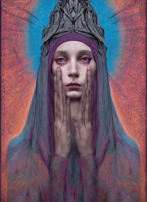 Prompt: acid tripping cult magic psychic woman, third eye, occult ritual, dark witch headdress, oil painting, robe, symmetrical face, greek dark myth, by John William Godward, Sean yoro, Anna Dittman, masterpiece