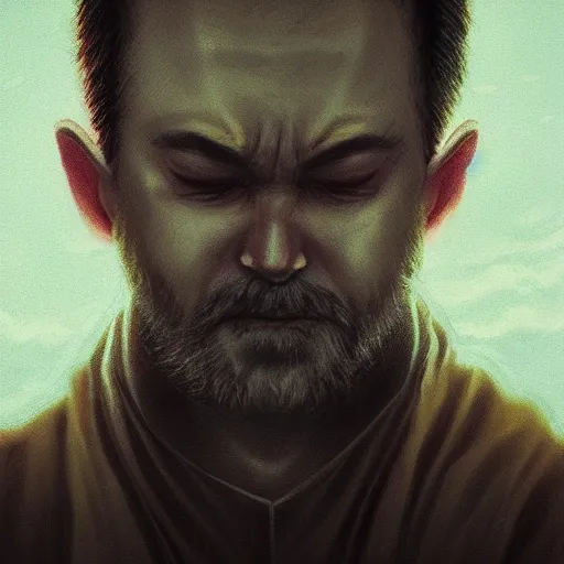 Image similar to Close up of a priest in his thirties fervently praying as he is about to die from the ominous yellow shadow descending upon him from the night sky. Low angle, dramatic lighting. Award-winning digital art, trending on ArtStation