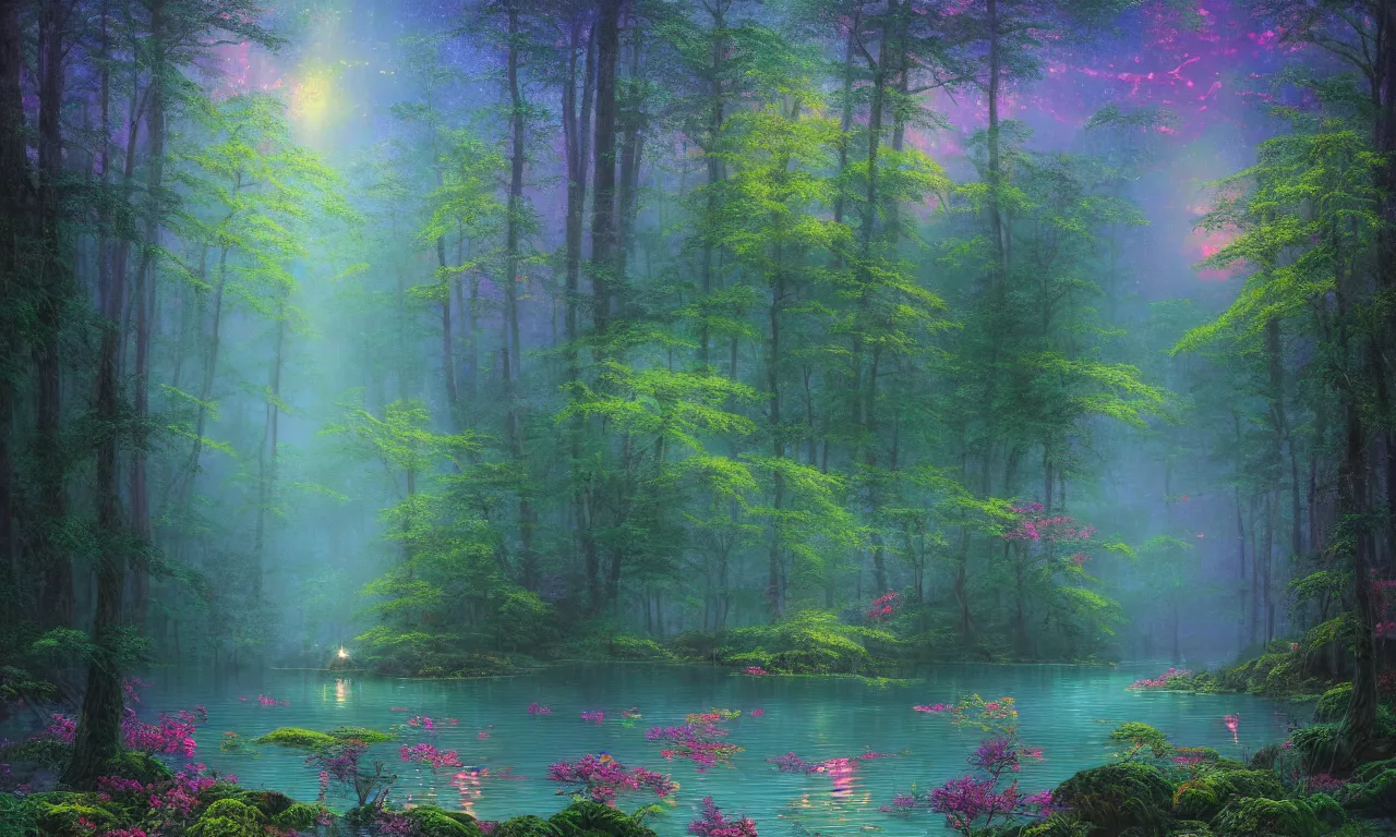 Prompt: photograph of a beautiful lake lake lake in a dense mystic forest, colored flowers, mystic hues, bioluminescence bioluminescence , breathtaking lights shining, psychedelic fern, tyndall effect, fireflies fireflies, dense forest, foggy, 4k, Acid Pixie, by thomas kinkade and lee madgwick