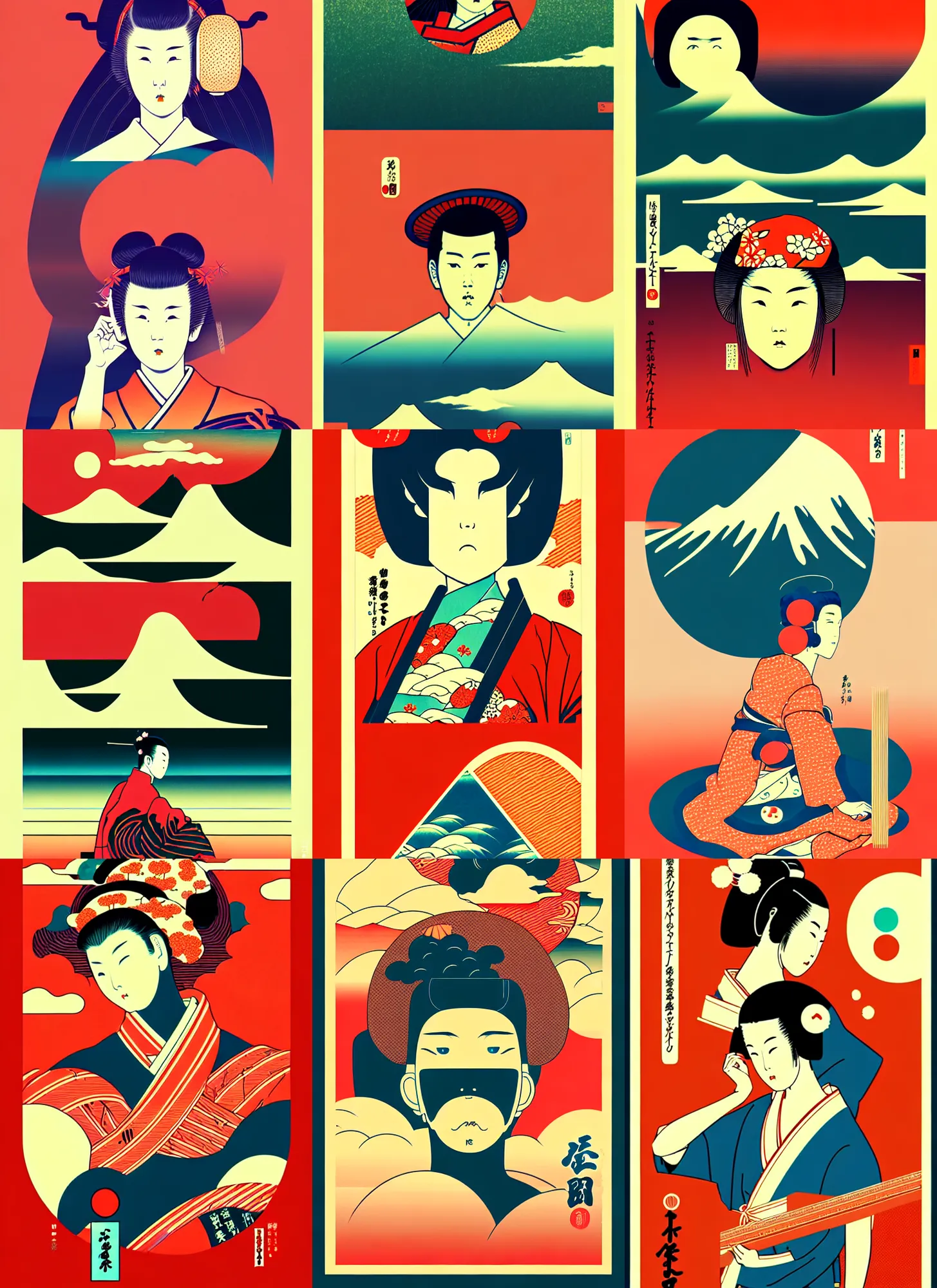 Prompt: beautiful illustration of layout of japanese pop art, ukiyo - e, chillhop, obi strip, poster, 8 0 s, album art, trendy typography, lo - fi, logo, landscape, pinterest, dribble, influenced by retro and vintage, artstation, 8 k, user interface