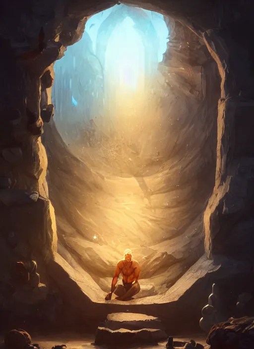 Image similar to Muscular old man with blond hair and beard engulfed in stasis crystal chamber in the middle of the square. In style of Greg Rutkowski, Jesper Ejsing, Makoto Shinkai, trending on ArtStation, fantasy, great composition, concept art, highly detailed, scenery, 8K, Behance.