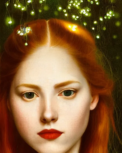 Prompt: a happy, modern looking young woman, seen from behind, among the lights of golden fireflies and nature, long loose red hair, intricate details, green eyes, small nose with freckles, oval smiling face, golden ratio, high contrast, hyper realistic digital art by artemisia lomi gentileschi and caravaggio and artgerm.