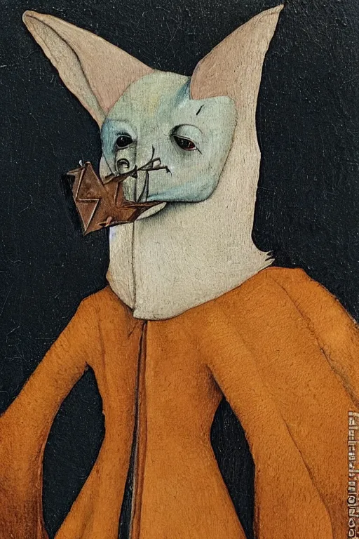 Image similar to silly hieronymus bosch creature. framed oil painting portrait of a bat in fancy felt robes. muted colour palette