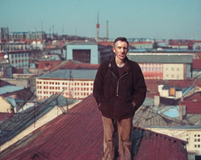 Image similar to lomo photo of man standing on the roof of soviet hrushevka, small town, cinestill, bokeh, out of focus