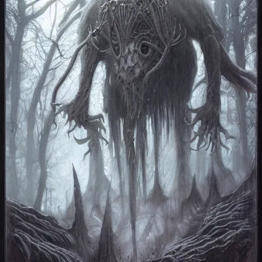 Prompt: concept art of a ancient magus, fae, white skulled creature with black fur, elegant, tendrils, forest, heavy fog, fantasy, wayne barlowe