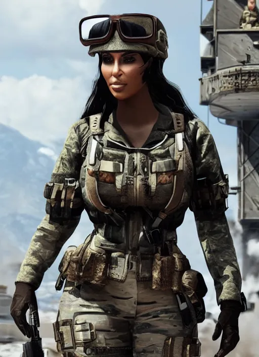 Prompt: game still of kim kardashian as a call of duty skin in call of duty.