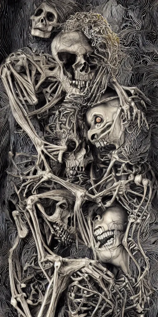 Image similar to Skeletal a sobbing man and a happy women, furry creatures, highly detailed, half skull face, cinematic, infographic for imaginary animals, golden hour, backlit by an alien planet, sharp focus, psychedelic LSD manga, abstract oil painting by Raqib Shaw and joseph albers, MC Escher illustration, 8k,by Stanley Artgermm,Tom Bagshaw,Greg Rutkowski,Carne Griffiths, Ayami Kojima, Beksinski, Giger,trending on DeviantArt,hyper detailed,horror, full of colour, golden hour