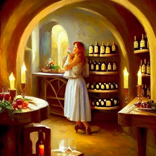 Image similar to wine cellar full of food, torches on the wall, schnapps, romantic, inviting, cozy, blonde woman, painting Vladimir Volegov