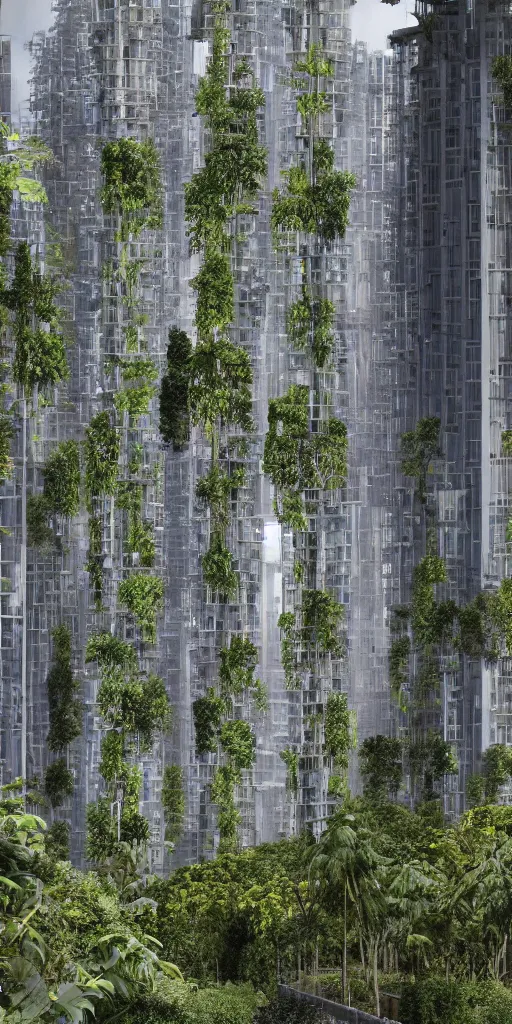 Prompt: an elevational photo by Andreas Gursky of tall and slender futuristic mixed-use towers emerging out of the ground. The rusty industrial towers are covered with trees and ferns growing from floors and balconies. The towers are bundled very close together and stand straight and tall. The towers have 100 floors with deep balconies and hanging plants. Cinematic composition, volumetric lighting, foggy morning light, architectural photography, 8k, megascans, vray.