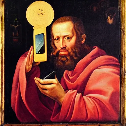 Image similar to renaissance oil painting, monk prophet holding the holy iphone mobile phone of god taking a selfie