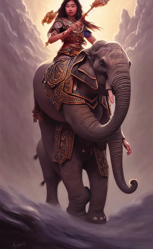 Image similar to magic tribal ethnic asian female, riding a war elephant, contrast lightning, deep focus, d & d, fantasy, intricate, elegant, highly detailed, digital painting, artstation, concept art, matte, sharp focus, illustration, hearthstone, art by artgerm and greg rutkowski and alphonse mucha