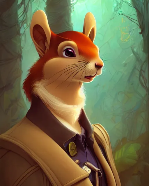 Image similar to don bluth, loish, artgerm, joshua middleton, steampunk, clockpunk anthropomorphic squirrel, full policeman outfit, smiling, symmetrical eyes symmetrical face, colorful animation forest background