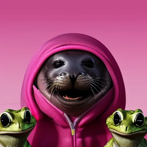 Image similar to a happy sappy seal dressed in a pink dress standing next to a frog warrior with hoodie on, hyperrealistic, extremely detailed, 8 k, octane render, trending artstation