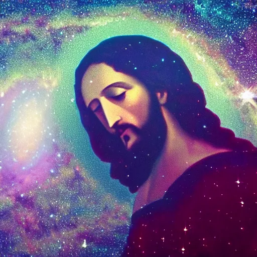 Image similar to ethereal photo of Jesus, galaxies in the background