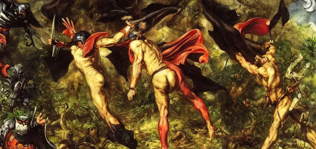 Prompt: batman entering the garden of eden, detailed oil painting by jan matejko