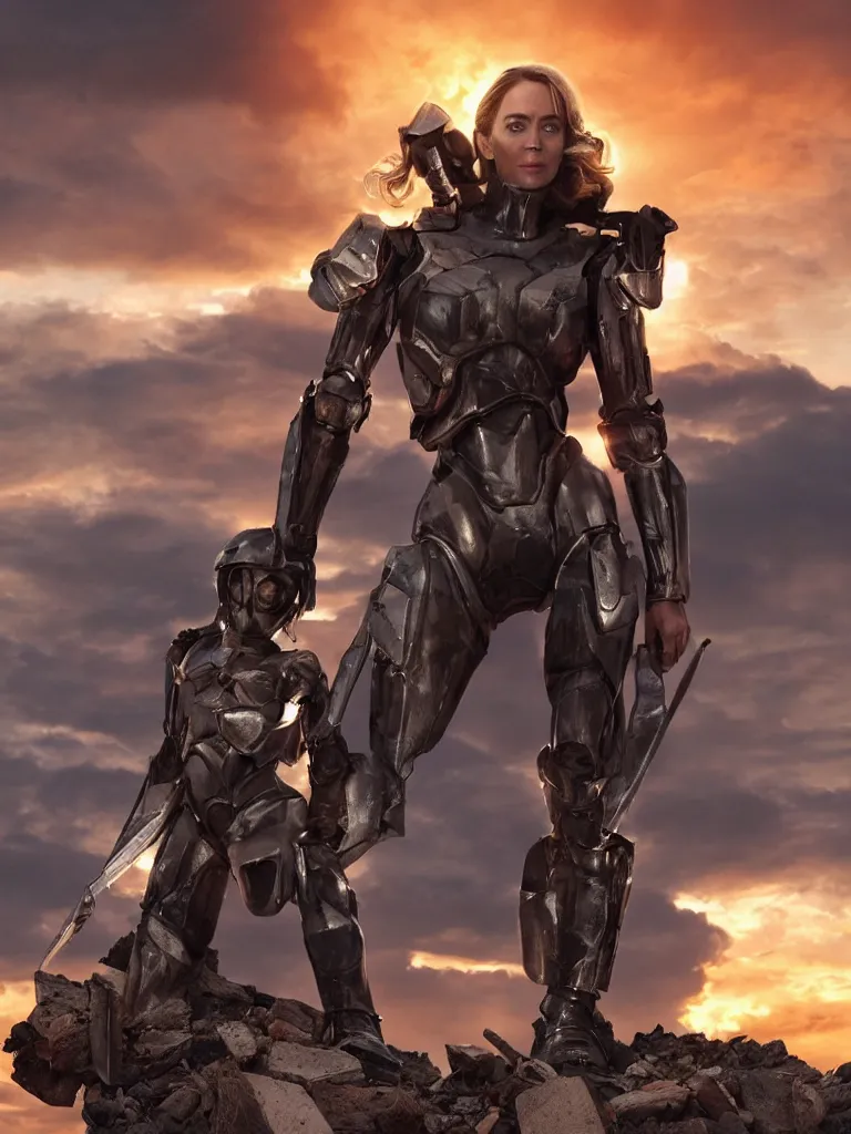 Image similar to emily blunt in futuristic power armor, by herself, holding a sword, standing atop a pile of rubble, sunset and big clouds behind her