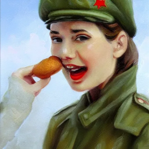 Image similar to high detail portrait oil painting illustration of beuatiful girl as soviet red army soldier eating hot baked bun, in khaki ww 2 tunic, no hat, by justin sweet with face and body clearly visible, in a scenic background, pupils visible, realistic proportions, artstation trending, high quality, sombre mood, artstation trending, muted colours, entire person visible!