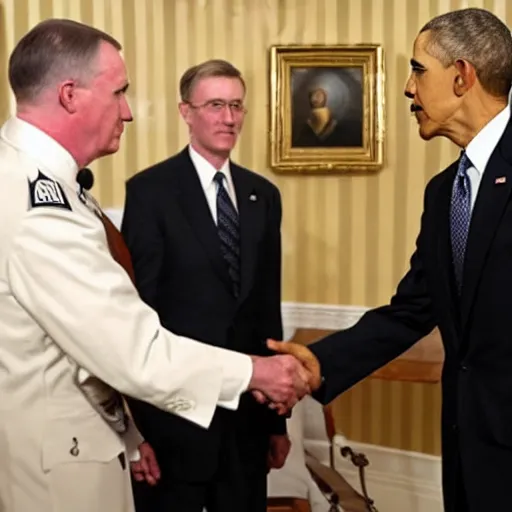 Image similar to Obama shakes hands with Adolf Hitler secret general, Real Event, Historical Event, Realistic,