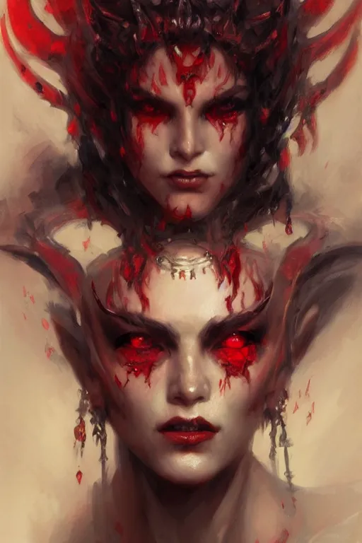 Image similar to very attractive demon queen with red eyes painting by gaston bussiere, craig mullins, luis rollo, close - up portrait, digital painting, highly detailed, artstation, sharp focus, illustration, concept art, hd