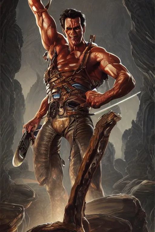 Prompt: Full body, Ash Williams from The evil dead, Very muscular, manowar album,intricate, elegant, highly detailed, digital painting, artstation, concept art, smooth, sharp focus, illustration, art by artgerm and greg rutkowski and alphonse mucha