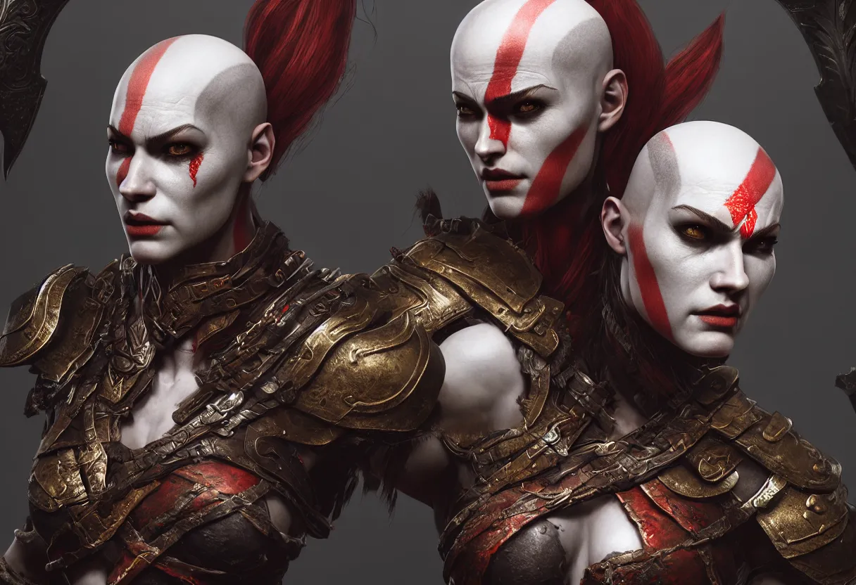 Image similar to female kratos from god of war, hyper detailed, digital art, trending in artstation, cinematic lighting, studio quality, smooth render, unreal engine 5 rendered, octane rendered, art style by klimt and nixeu and ian sprigger and wlop and krenz cushart