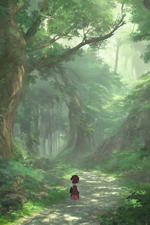 Image similar to a forest path, beautiful ancient trees, hiding large treasure chest, serene evening atmosphere, soft lens, soft light, cel - shading, animation, in the style of cgsociety, deviantart, artstation, zbrush, cinema 4 d, studio ghibli, akihiko yoshida, atelier lulua, masamune shirow