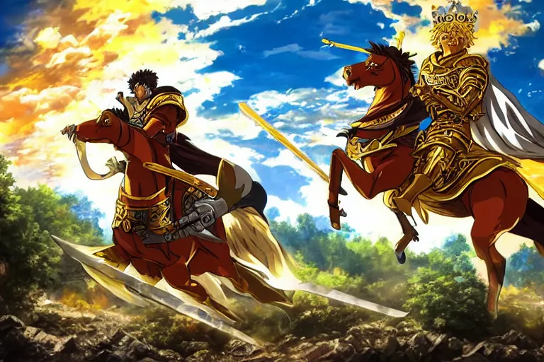 Image similar to an ultra detailed portrait of king richard the lionhearted as a shonen anime protagonist charing into battle wearing bright gold armor and riding a horse bless by god, 8 k, volumetric lighting, art by kentaro miura and akira toriyama