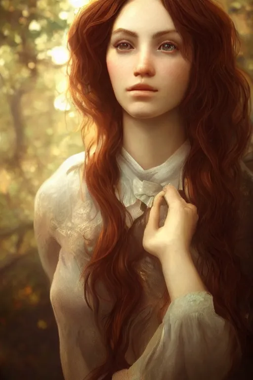 Image similar to beautiful portrait of a beautiful woman, Portrait, Rays of Shimmering Light, Natural Lighting, Artstation, by Pre-Raphaelite Brotherhood, Unreal Engine