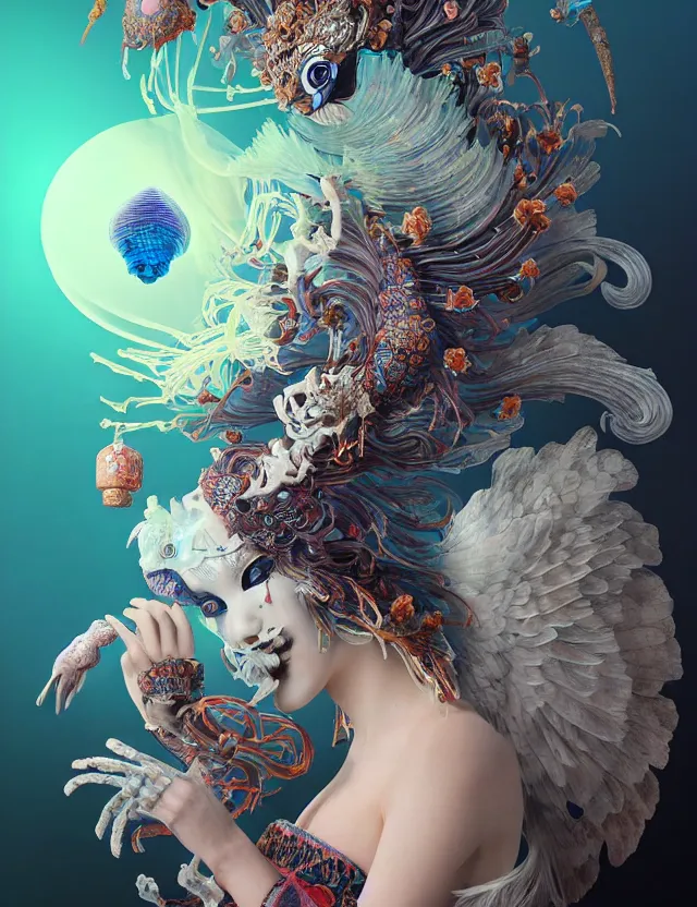 Image similar to 3 d goddess bottom - up with ram skull. beautiful intricately detailed japanese crow kitsune mask and clasical japanese kimono. betta fish, jellyfish phoenix, bio luminescent, plasma, ice, water, wind, creature, artwork by tooth wu and wlop and beeple and greg rutkowski