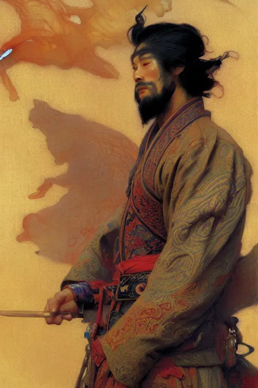 Image similar to attractive man, tang dynasty, cool colors, painting by gaston bussiere, craig mullins, greg rutkowski, alphonse mucha