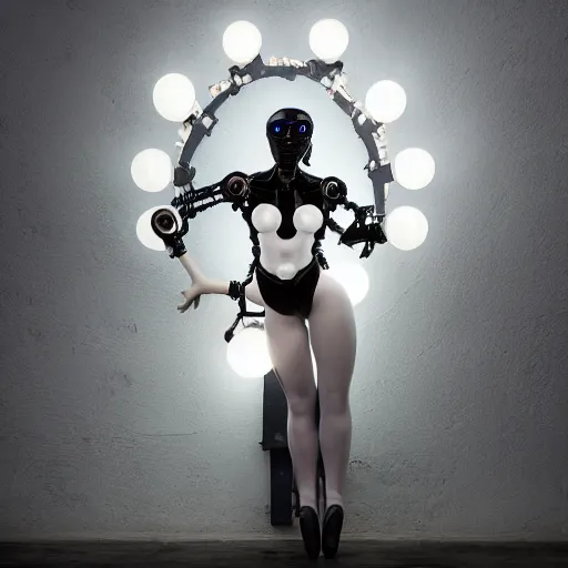 Prompt: beautiful centered fine art photo portrait of romantic beautiful girl as a solarpunk robotic humanoid, black mechanical parts with led lights, ballet style pose, photorealistic, white background, highly detailed and intricate, soft box lighting, hdr 8 k